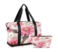 Bolsa deportiva de viaje para gimnasio, bolsa de viaje para fin de semana, bolsa de noche con bolsillo húmedo para zapatos y neceser, hojas marrones, flores rosadas, para mujeres y hombres, multicolor