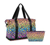 Bolsa deportiva de viaje para gimnasio, bolsa de viaje para fin de semana, bolsa de noche con bolsillo húmedo para zapatos y neceser, color arcoíris brillante, leopardo, para mujeres y hombres,
