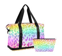 Bolsa deportiva de viaje para gimnasio, bolsa de viaje para fin de semana, bolsa de noche con bolsillo húmedo para zapatos y neceser, leopardo arcoíris para mujeres y hombres, multicolor