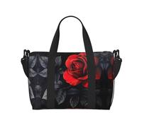 Bolsa deportiva versátil con estampado de rosas rojas y hojas negras, compañero para tus viajes y rutinas de fitness, color negro, talla única, Black, Talla única