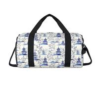 Bolsa deportiva vintage japonesa con estampado de pagodas de tinta azul japonesa con compartimento para zapatos, bolsas de fin de semana, viajes, gimnasio, organizador de equipaje para mujeres