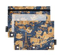 Bolsa grande con cremallera transparente azul y dorado para lápices de torre de ciudad en varios colores, 3 anillos, estuche para lápices de clase escolar, organizadores de oficina, multicolor, 2