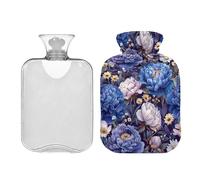 Bolsa grande de agua caliente de 2 litros con funda, peonías azules y margaritas blancas, bonitas bolsas de agua caliente para terapia de manos, pies, calor, cuello, hombros y piernas, alivio del