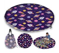 Bolsa grande de almacenamiento de juguetes de 150 cm con temática espacial pixelada, tapete plegable para jugar y llevar para niños, bolsa portátil de almacenamiento de juguetes azul con cordón para