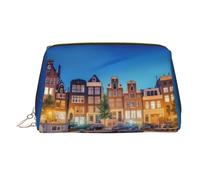 Bolsa grande de cosméticos impresa con vista nocturna de Amsterdam, bolsa de almacenamiento portátil adecuada para viajes y viajes de negocios