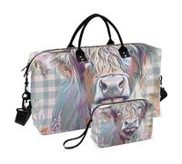 Bolsa grande de fin de semana con artículos de aseo para viajes en avión, multifuncional, bohemio, diseño a cuadros de vaca de las tierras altas