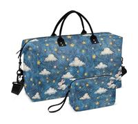 Bolsa grande de transporte grande con fondo de piel de vaca azul con algunas nubes blancas y estrellas amarillas flotando encima y un conejo blanco debajo, bolsa grande de transporte para aeropuerto