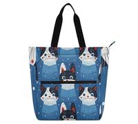 Bolsa grande reutilizable con diseño de gato infantil, color azul cielo, para niños, niñas y adultos, bolsa de comestibles reutilizable con cremallera para la escuela, compras, playa
