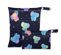 Bolsa impermeable con diseño de elefante de neón fluorescente de dibujos animados para guardería, paquete de 2 bolsas húmedas para traje de baño con asas para yoga, piscina