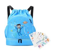Bolsa Natación Niños,Mochila Cordón Niños con Bolsillo Impermeable 10Pcs Pegatinas Dibujos Animados Océano,Mochila Deporte Niño Gran Capacidadpara Niños,Camping Actividades Aire Libre (Azul Claro)