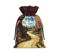 Bolsa navideña con cordón ajustable, diseño de sendero de pueblo de cuento de hadas, ideal para cumpleaños, aniversarios y fiestas. También sirve para guardar dulces y otros artículos.