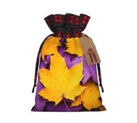 Bolsa navideña con cordón ajustable y estampado de hoja de arce morada, ideal para cumpleaños, aniversarios, fiestas, dulces y otras ocasiones.