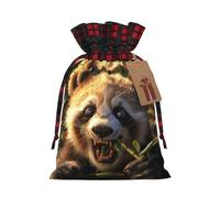 Bolsa navideña de bambú con cordón ajustable con diseño de panda comiendo, ideal para cumpleaños, aniversarios y fiestas. También sirve para guardar dulces y otros artículos.