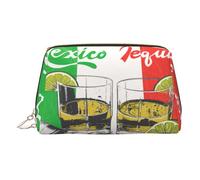 Bolsa organizadora de artículos de tocador de cuero con bandera de México y tequila, bolsa de maquillaje para mujer, Gold, Talla única, Neceser