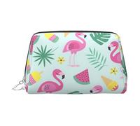 Bolsa organizadora de artículos de tocador de cuero con diseño de flamenco, helado, fruta, bolsa de maquillaje para mujer, Silver, Talla única, Neceser