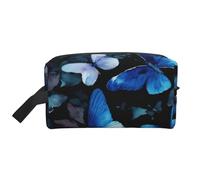 Bolsa organizadora de cosméticos portátil con estampado de mariposas azules y flores blancas, bolsa de almacenamiento de gran capacidad