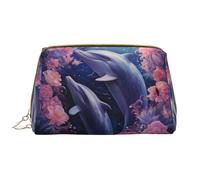 Bolsa organizadora de maquillaje con diseño de delfines de mar profundo y flores rosas, bolsa de cosméticos de tocador, bolsa con cremallera para brochas (tamaño grande), Delfines de mar profundo y