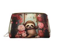 Bolsa organizadora de maquillaje con diseño de perezoso rodeado de rosas, bolsa de cosméticos con cremallera (tamaño grande), Perezoso sentado en un columpio junto a las rosas, Talla única