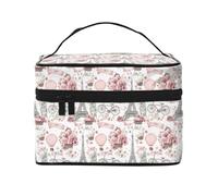 Bolsa organizadora de maquillaje con estampado de flores y globos de aire caliente rosa para mujer, bolsa organizadora de maquillaje grande para viaje