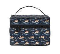 Bolsa organizadora de maquillaje con estampado de tiburón de dibujos animados naranjas, bonitas bolsas de cosméticos para mujeres, bolsa organizadora de maquillaje de viaje grande