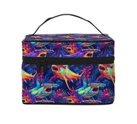 Bolsa organizadora de maquillaje con estampado de tiburón martillo de neón, bonitas bolsas de cosméticos para mujeres, bolsa organizadora de maquillaje de viaje grande