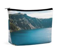 Bolsa organizadora de maquillaje de viaje impermeable, de piel sintética, azul con aguas del lago del cráter, pequeño estuche de aseo bonito, bolsa portátil con cremallera para mujeres y hombres