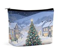 Bolsa organizadora de maquillaje de viaje impermeable, de piel sintética, bolsa de cosméticos de ciudad navideña, pequeña bolsa de aseo bonita, bolsa portátil con cremallera para mujeres y hombres