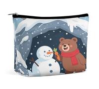 Bolsa organizadora de maquillaje de viaje impermeable, de piel sintética, diseño de oso que hace un muñeco de nieve, pequeño estuche de aseo bonito, bolsa portátil con cremallera para mujeres y