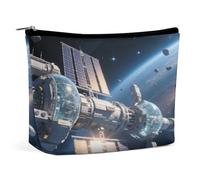 Bolsa organizadora de maquillaje de viaje impermeable, de piel sintética, para estación espacial, bolsa de cosméticos pequeña, bonita bolsa portátil con cremallera para mujeres y hombres, accesorios