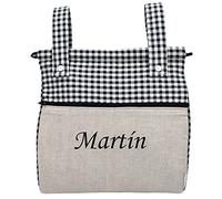 Bolsa panera de algodón Vichy Personalizada con Nombre Bordado - Bolso Carro - Talega Carrito de bebé - Nenel (Lino & Vichy Negro)