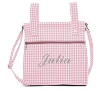 Bolsa panera de algodón vichy personalizada con nombre bordado - Bolso carro - Talega carrito de bebé - Nenel (Rosa)