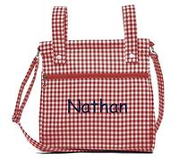 Bolsa panera de algodón vichy personalizada con nombre bordado - Bolso carro - Talega carrito de bebé - Nenel (Rojo)