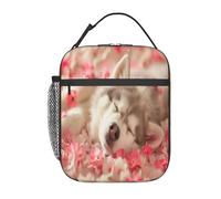 Bolsa para almuerzo para adultos con diseño de cachorro de husky durmiendo, flores 3D, ajustable, reutilizable, aislante, para hombres y mujeres, bolsa térmica para oficina, picnic, 25,4 x 20,3 x 10,1