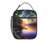 Bolsa para el almuerzo con diseño de árboles y puesta de sol junto al lago, lonchera para hombres y mujeres, bolsa térmica reutilizable para el almuerzo, nevera pequeña a prueba de fugas con gran c