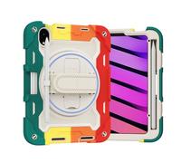 Bolsa para tableta, funda Kids Case For iPad Mini 7 (A17 Pro) 2024/Mini 6 8.3",Multi-Angle Elastic Bracket+360° Adjustable Swivel Hand Strap Three-in-one Shatter-Resistant Shell(RAINBOW RED)
