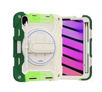 Bolsa para tableta, funda Kids Case For iPad Mini 7 (A17 Pro) 2024/Mini 6 8.3",Multi-Angle Elastic Bracket+360° Adjustable Swivel Hand Strap Three-in-one Shatter-Resistant Shell(RAINBOW GREEN)