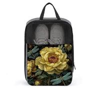 Bolsa para zapatos de golf con diseño de flor de peonía amarilla, dos libélulas, para viajes, uso diario, antipolvo