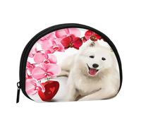 Bolsa pequeña para Guardar Toallas sanitarias, Maquillaje y Monedero para Mujer con diseño de Perro Samoyedo y Flores Rosas.