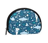 Bolsa pequeña para Guardar Toallas sanitarias, Maquillaje y Monedero para Mujer con diseño de tiburón Sonriente, Animales Marinos, Peces, Estrellas de mar, Color Azul