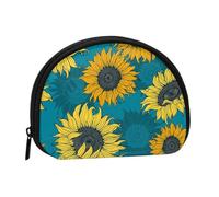 Bolsa pequeña para Guardar Toallas sanitarias y Maquillaje, con Girasoles Amarillos sobre Fondo Azul. Monedero para cosméticos de Mujer.