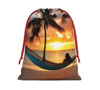 Bolsa reutilizable con cordón para regalo de hamaca de playa de coco y puesta de sol, bolsa reutilizable para regalos de fiesta, cumpleaños, bodas, saco diario