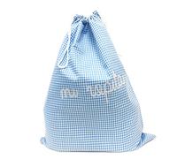 Bolsa reutilizable con estampado vichy color azul celeste. Bolsa de tela lavable para colegio, ideal para recambios de niños. Saco ecológico para zapatos, pañales y prendas.