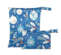 Bolsa seca lavable, paquete de 2 artículos esenciales de viaje para volar con asas para bañarse, bañarse (azul y blanco Feliz Navidad Holly Bell)