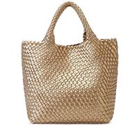 Bolsa tejida para mujer, de piel vegana, grande, para verano, playa, viaje, bolso retro hecho a mano, Dorado, Large