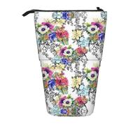 Bolsa telescópica de pie con estampado de flores silvestres, pájaros, hojas, ramas, bolsa de papelería, bolsa de maquillaje, estuche de almacenamiento, Black, Talla única