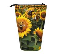 Bolsa telescópica para lápices con estampado de abejas de girasol/bolsa de papelería/bolsa de maquillaje/estuche de almacenamiento, Black, Talla única