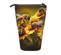 Bolsa telescópica para lápices con estampado de abejas y flores rurales, bolsa de papelería, bolsa de maquillaje, estuche de almacenamiento, Black, Talla única