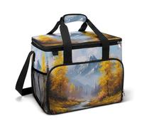 Bolsa térmica con aislamiento para playa, diseño de paisaje otoñal, árboles amarillos, montañas, camping, bolsa térmica portátil a prueba de fugas con correa para el hombro