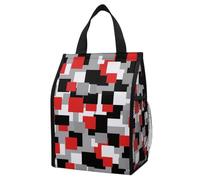 Bolsa térmica para el almuerzo a prueba de fugas, blanca, gris, negra y roja, con diseño geométrico irregular, nevera portátil plegable con aislamiento y bolsillos de almacenamiento para el trabajo, v