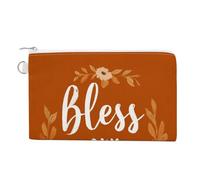 Bolsa tipo cartera de lona, Bless Our Home en monedero con estampado naranja, monedero con cremallera, pequeña bolsa de cosméticos
